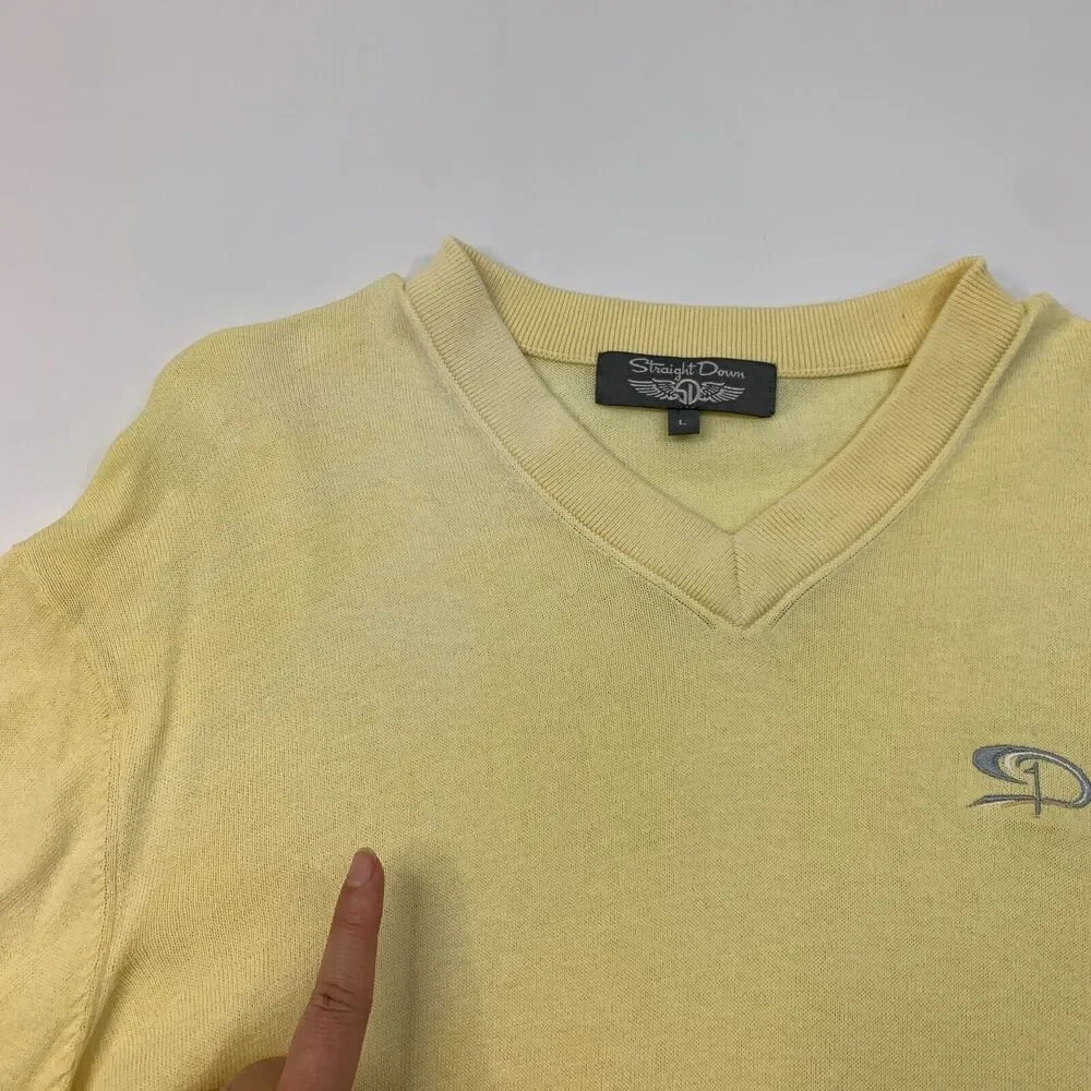 Straight Down Sweater Mens L Yellow Pima Cotton V Neck Long Sleeve Pullover